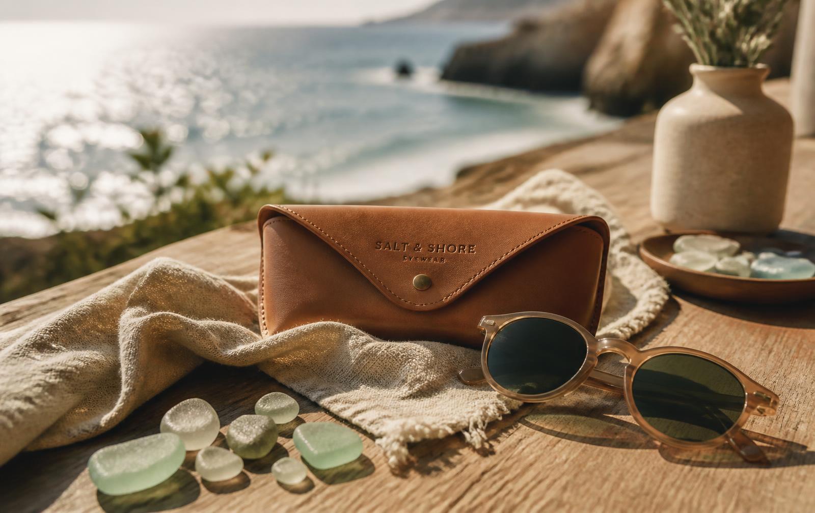 CartHaven eyewear case, linen and sea glass on a sunlit table above the ocean