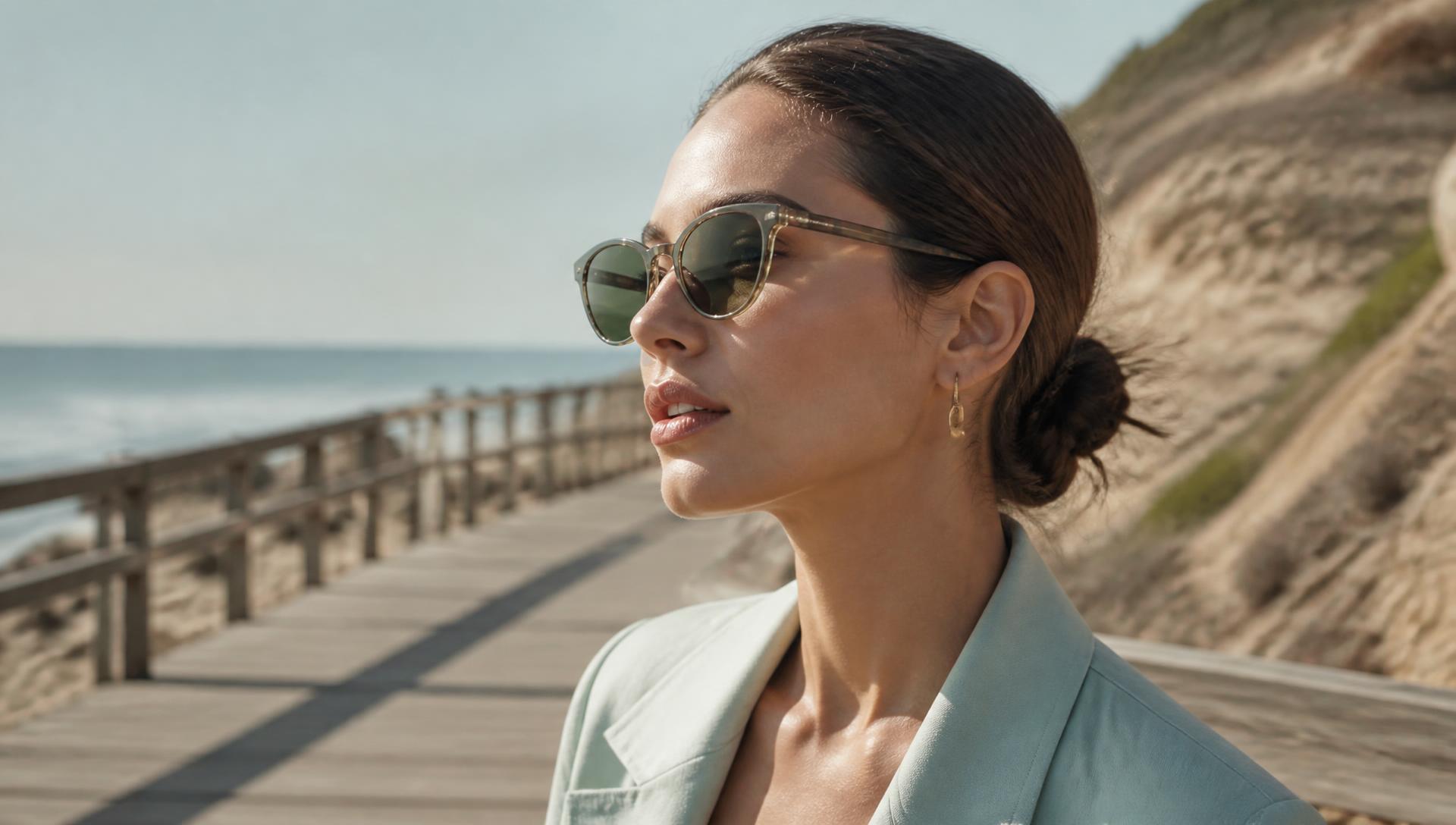 Woman on a coastal boardwalk wearing CartHaven tinted sunglasses